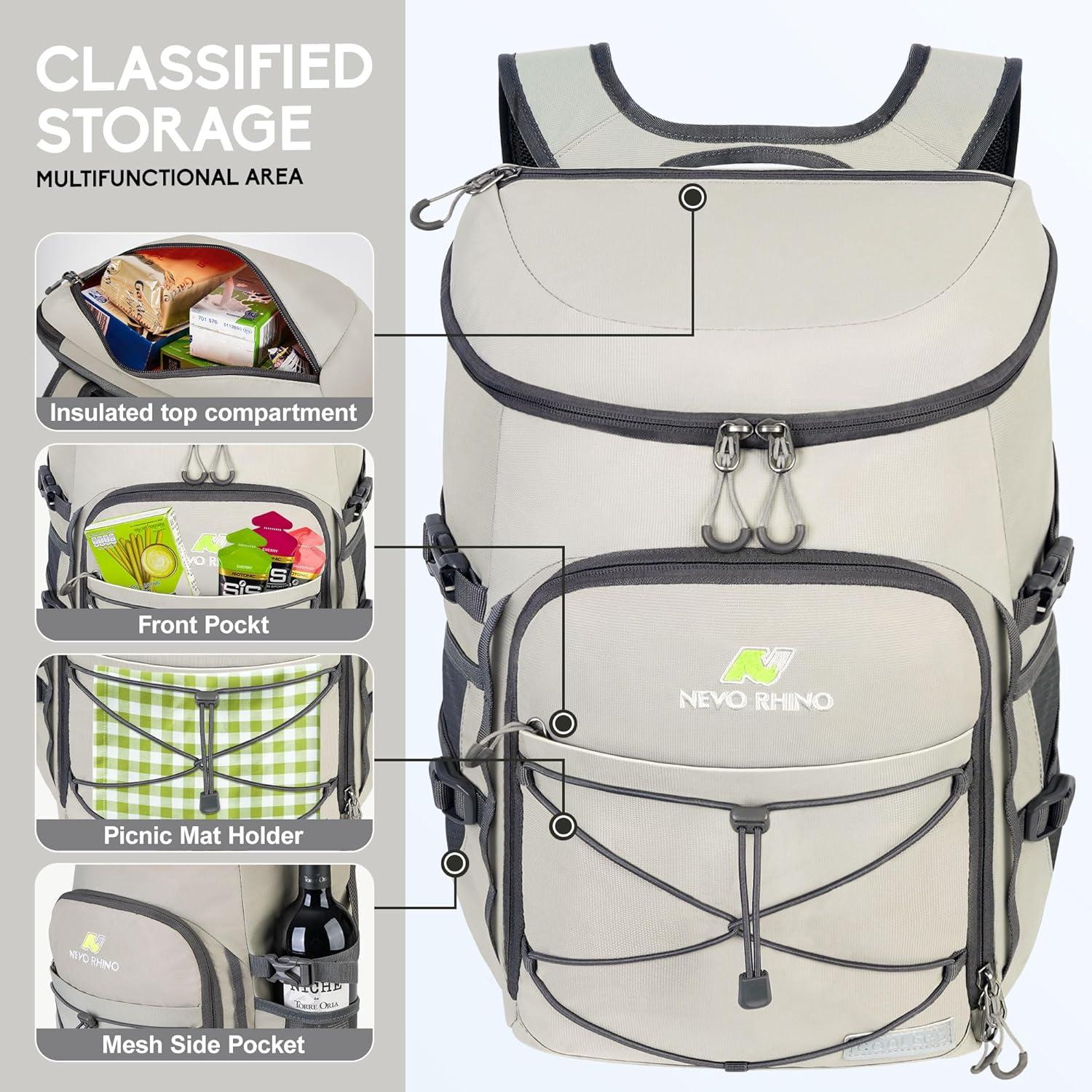 imageN NEVO RHINO Backpack Coolers Insulated Leak Proof 3654 CansPortable Lightweight Waterproof Insulated Cooler Backpack for Men ampamp Women Ideal for CampingTravelBeachPicnicsLunch ampamp Day Trips2025Light Gray36Cans