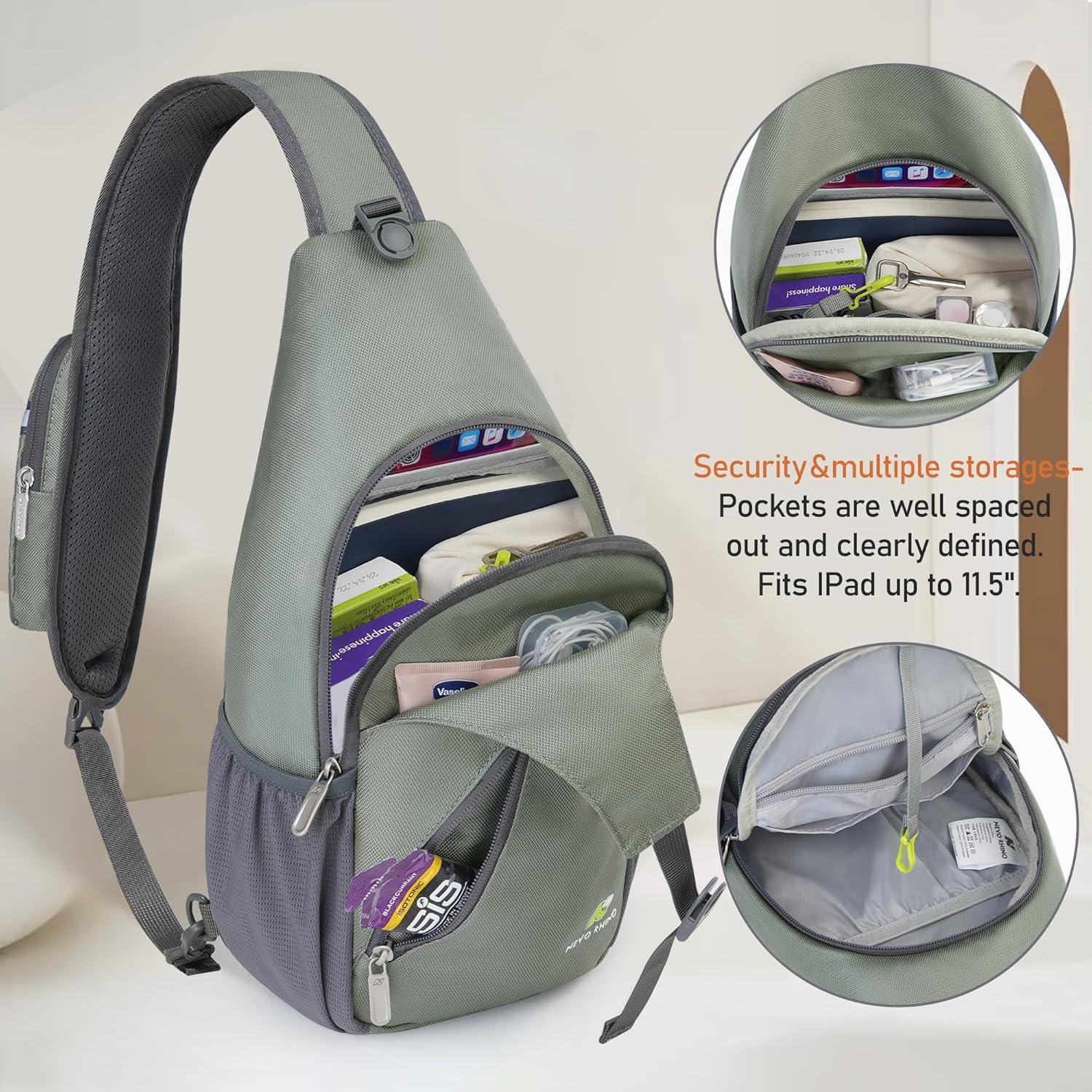 imageN NEVO RHINO Crossbody Sling Backpack Small Sling Bag Hiking Daypack Chest Bag Travel Shoulder Bags with Antitheft Pocket Light Gray Green