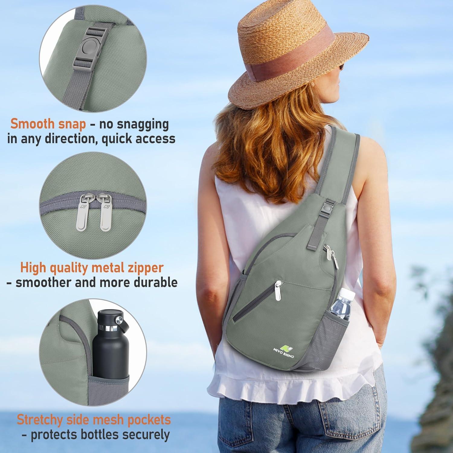 imageN NEVO RHINO Crossbody Sling Backpack Small Sling Bag Hiking Daypack Chest Bag Travel Shoulder Bags with Antitheft Pocket Light Gray Green