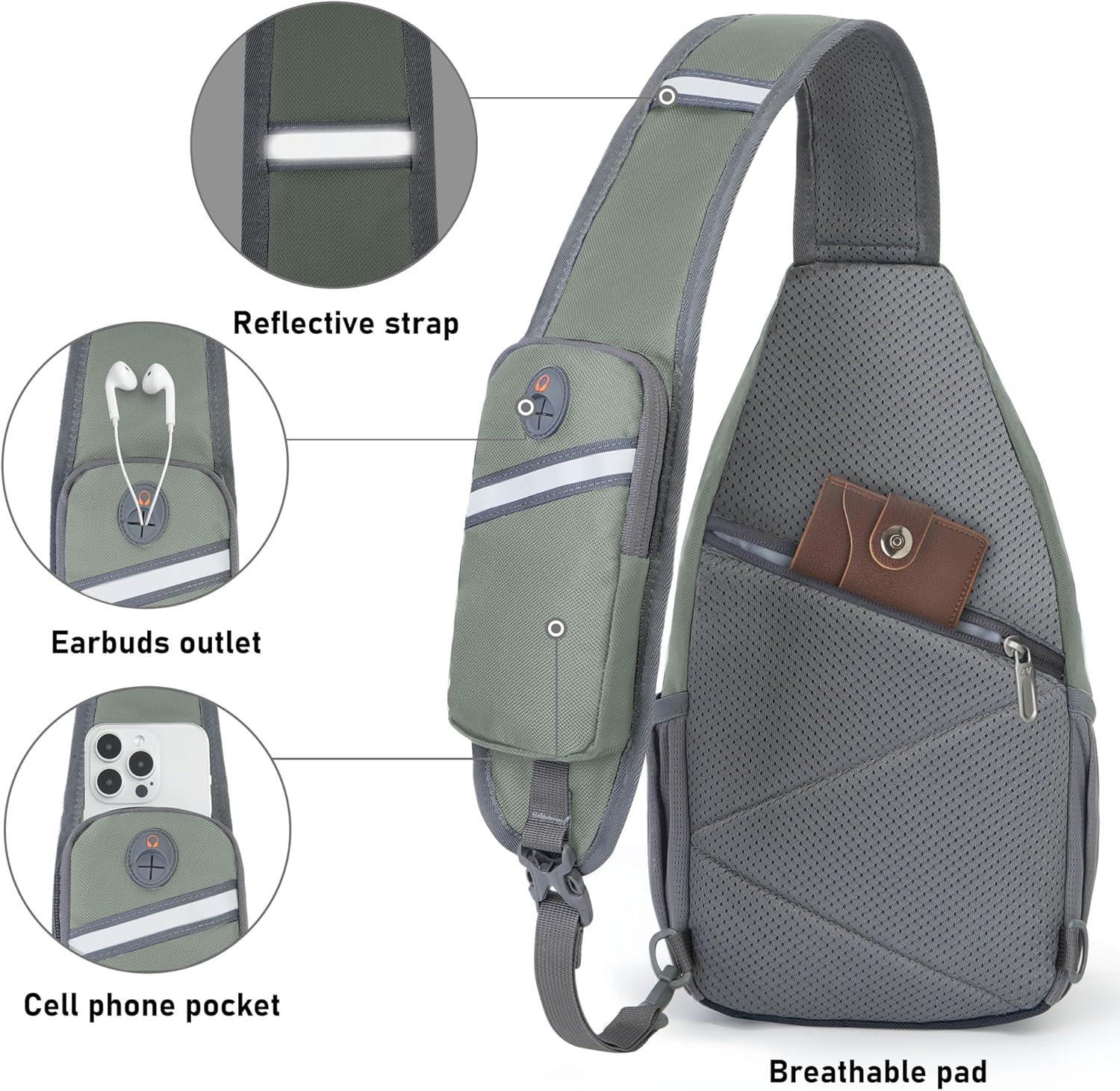 imageN NEVO RHINO Crossbody Sling Backpack Small Sling Bag Hiking Daypack Chest Bag Travel Shoulder Bags with Antitheft Pocket Light Gray Green