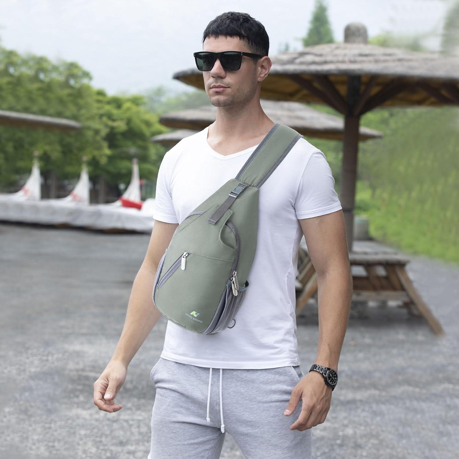 imageN NEVO RHINO Crossbody Sling Backpack Small Sling Bag Hiking Daypack Chest Bag Travel Shoulder Bags with Antitheft Pocket Light Gray Green