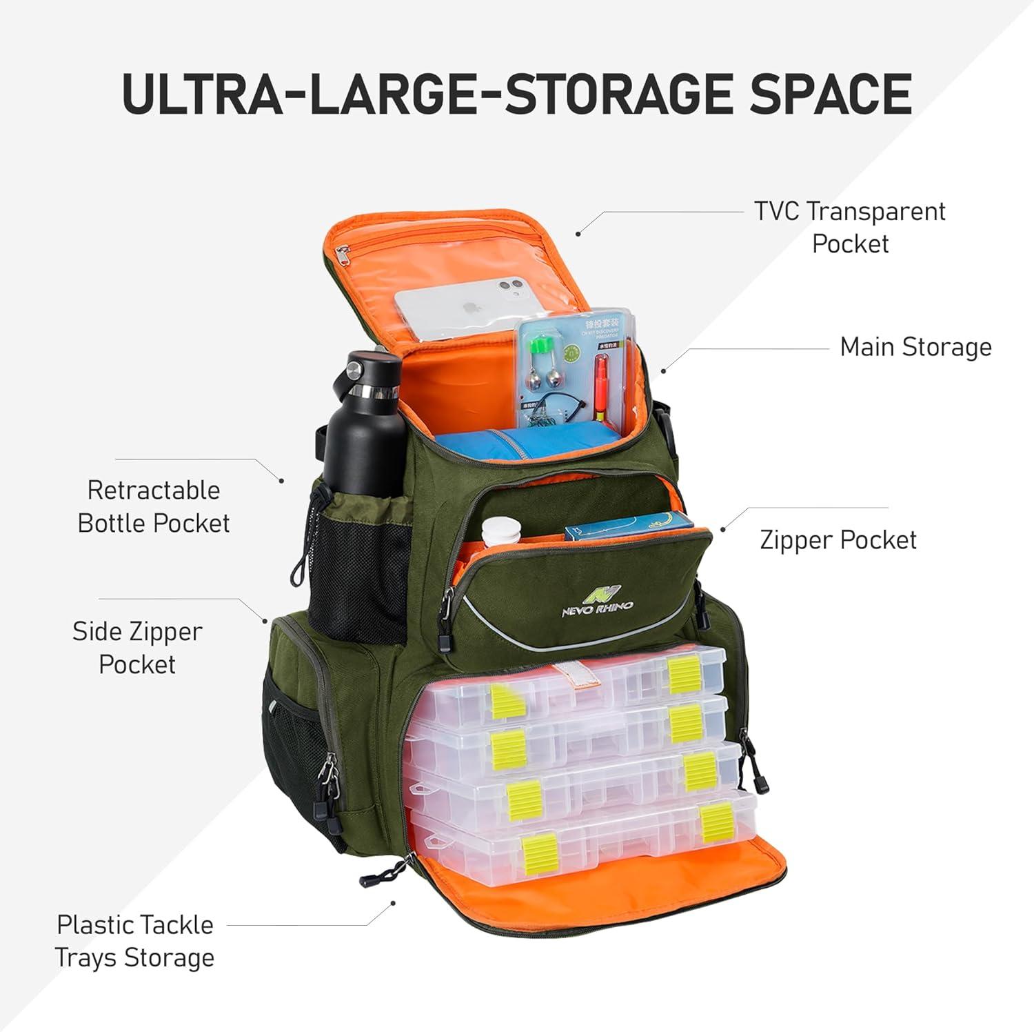 imageN NEVO RHINO Fishing Tackle Backpack with Rod Holders 40L Large Fishing Bag with Waterproof Rain CoverOutdoor Tackle BagArmy Green Pack with 4 Trays