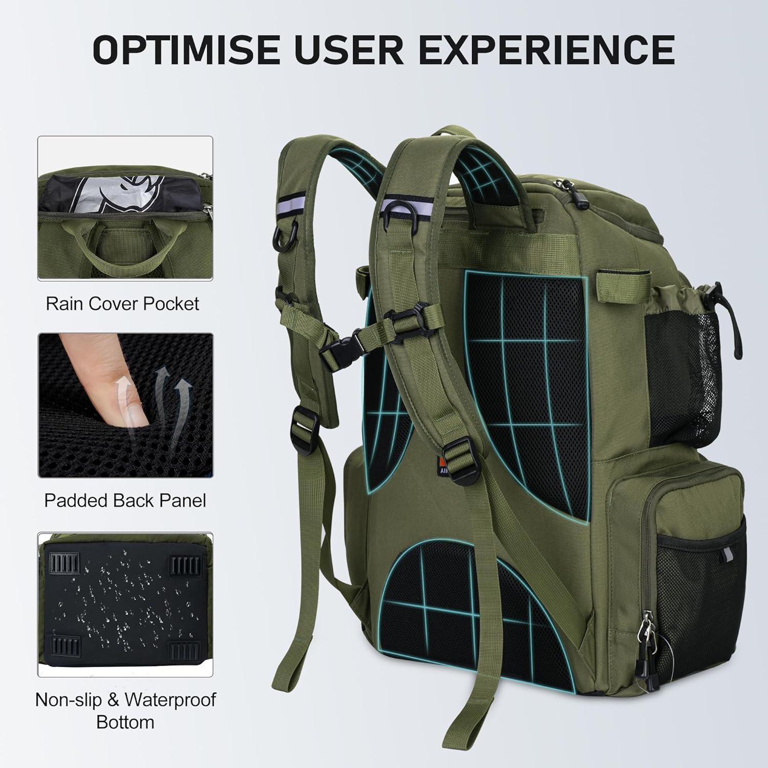 imageN NEVO RHINO Fishing Tackle Backpack with Rod Holders 40L Large Fishing Bag with Waterproof Rain CoverOutdoor Tackle BagArmy Green Pack with 4 Trays