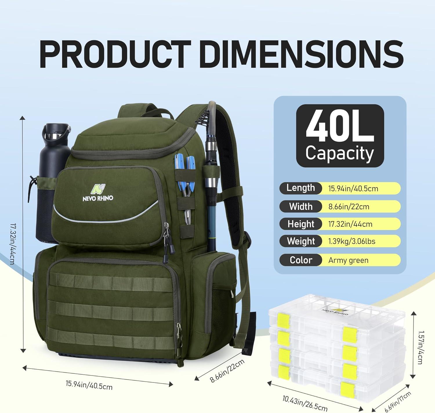 imageN NEVO RHINO Fishing Tackle Backpack with Rod Holders 40L Large Fishing Bag with Waterproof Rain CoverOutdoor Tackle BagArmy Green Pack with 4 Trays