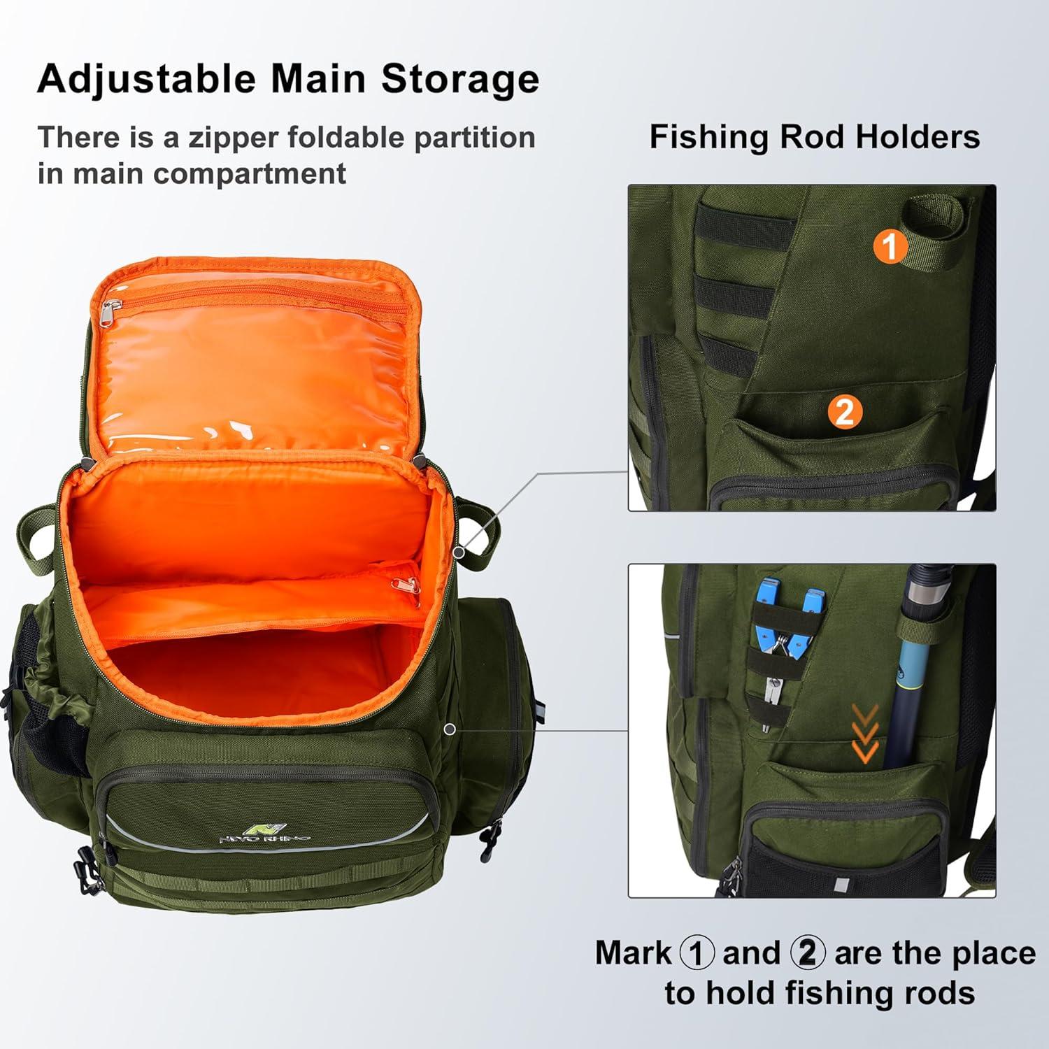 imageN NEVO RHINO Fishing Tackle Backpack with Rod Holders 40L Large Fishing Bag with Waterproof Rain CoverOutdoor Tackle BagArmy Green Pack with 4 Trays