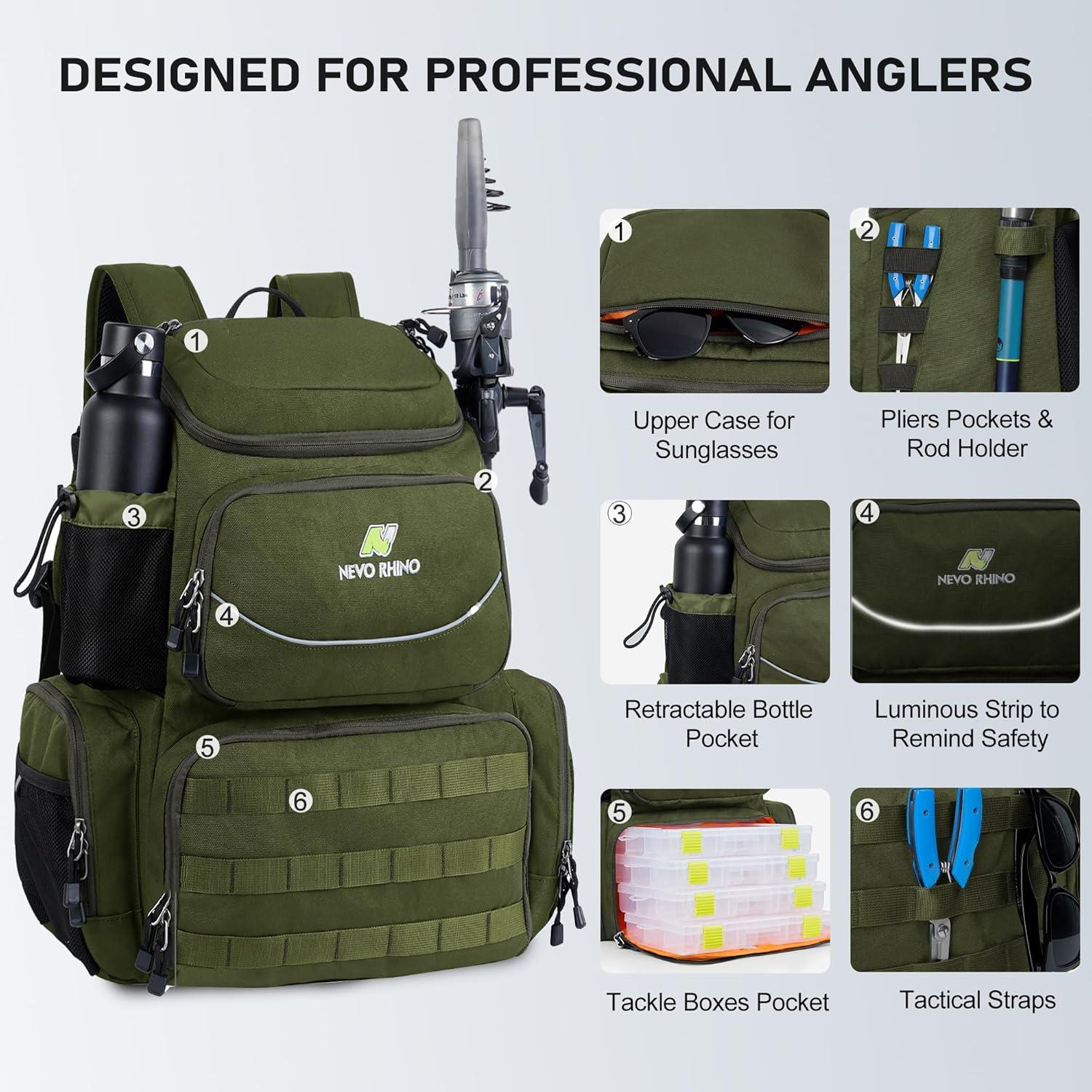 imageN NEVO RHINO Fishing Tackle Backpack with Rod Holders 40L Large Fishing Bag with Waterproof Rain CoverOutdoor Tackle BagArmy Green Pack with 4 Trays