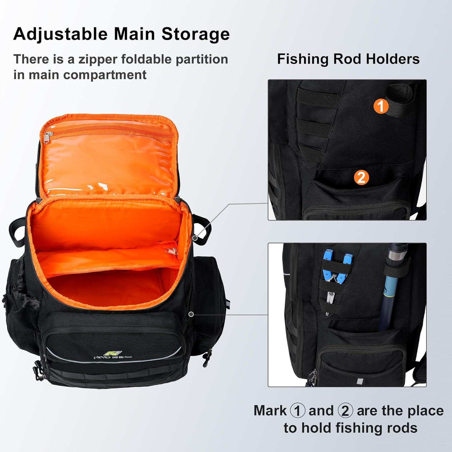 imageN NEVO RHINO Fishing Tackle Backpack with Rod Holders 40L Large Fishing Bag with Waterproof Rain CoverOutdoor Tackle BagBlack Pack with 4 Trays