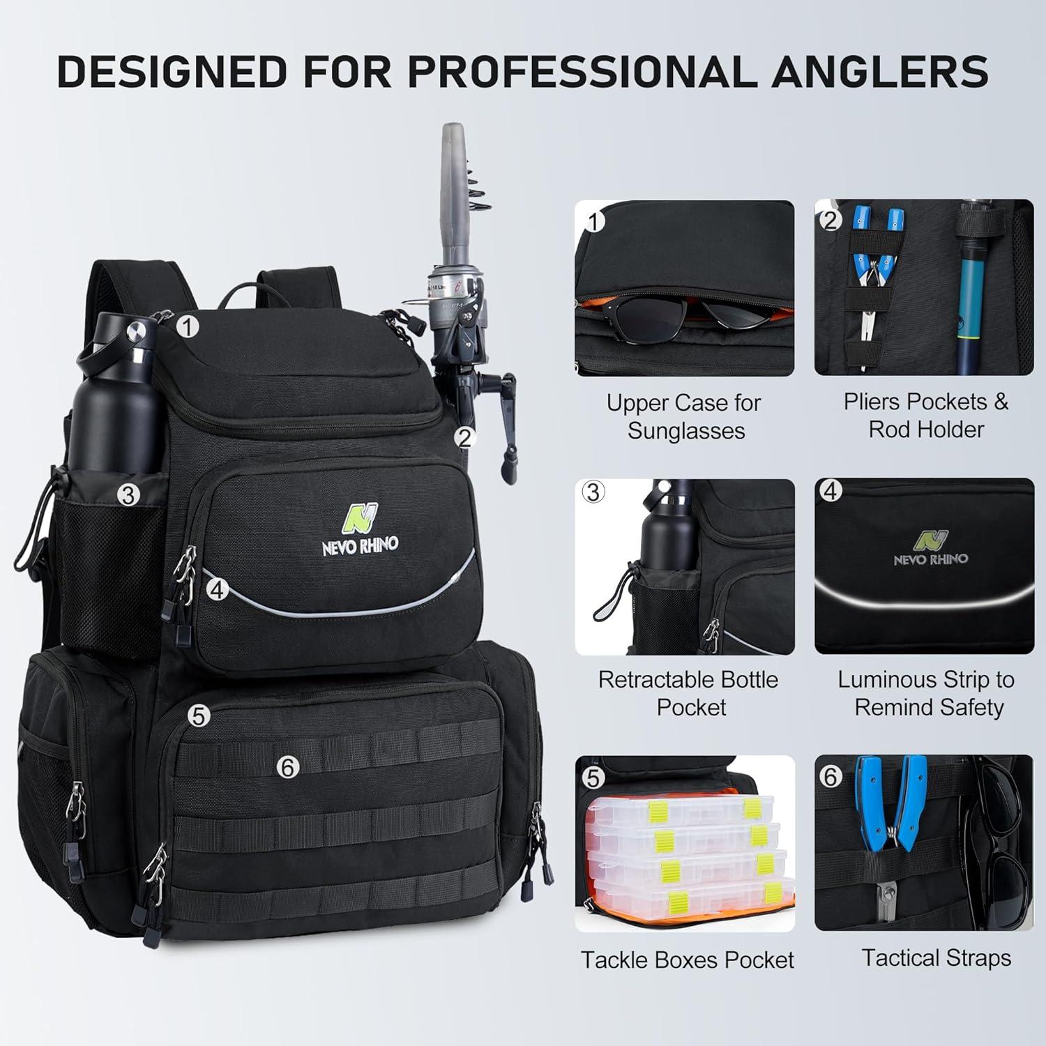 imageN NEVO RHINO Fishing Tackle Backpack with Rod Holders 40L Large Fishing Bag with Waterproof Rain CoverOutdoor Tackle BagBlack Pack with 4 Trays