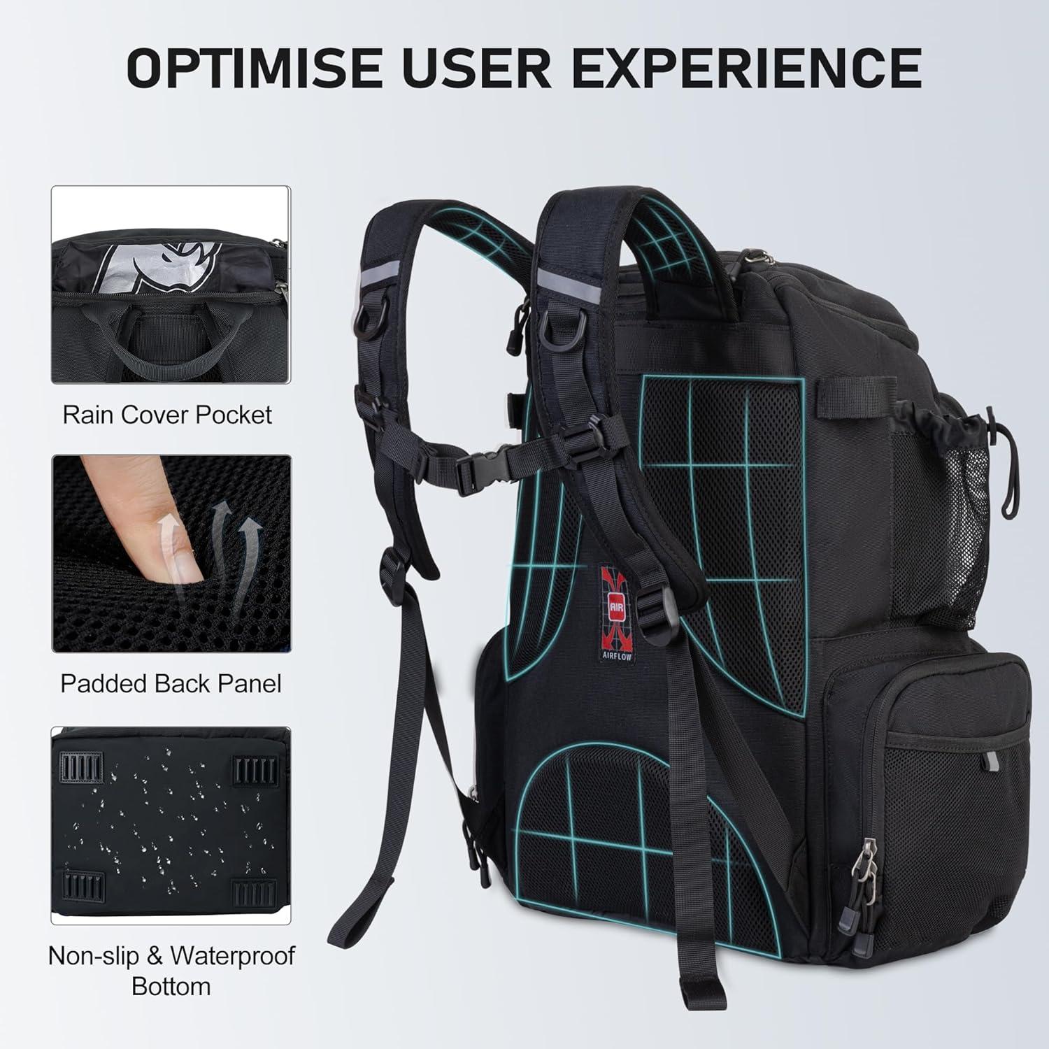 imageN NEVO RHINO Fishing Tackle Backpack with Rod Holders 40L Large Fishing Bag with Waterproof Rain CoverOutdoor Tackle BagBlack Pack with 4 Trays
