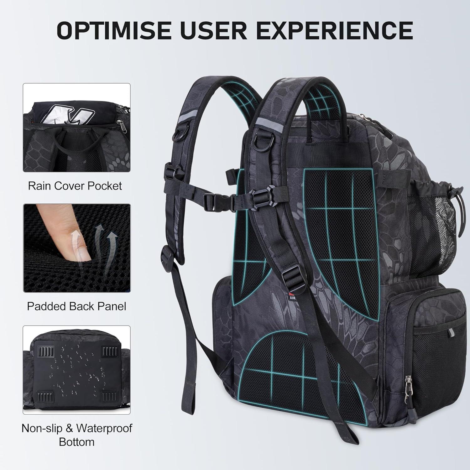 imageN NEVO RHINO Fishing Tackle Backpack with Rod Holders 40L Large Fishing Bag with Waterproof Rain CoverOutdoor Tackle BagCamouflage Black Pack with 4 Trays
