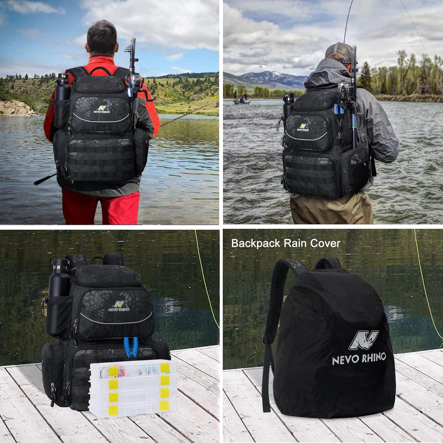 imageN NEVO RHINO Fishing Tackle Backpack with Rod Holders 40L Large Fishing Bag with Waterproof Rain CoverOutdoor Tackle BagCamouflage Black Pack with 4 Trays