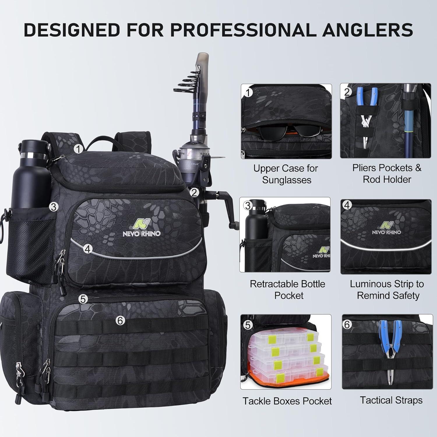 imageN NEVO RHINO Fishing Tackle Backpack with Rod Holders 40L Large Fishing Bag with Waterproof Rain CoverOutdoor Tackle BagCamouflage Black Pack with 4 Trays