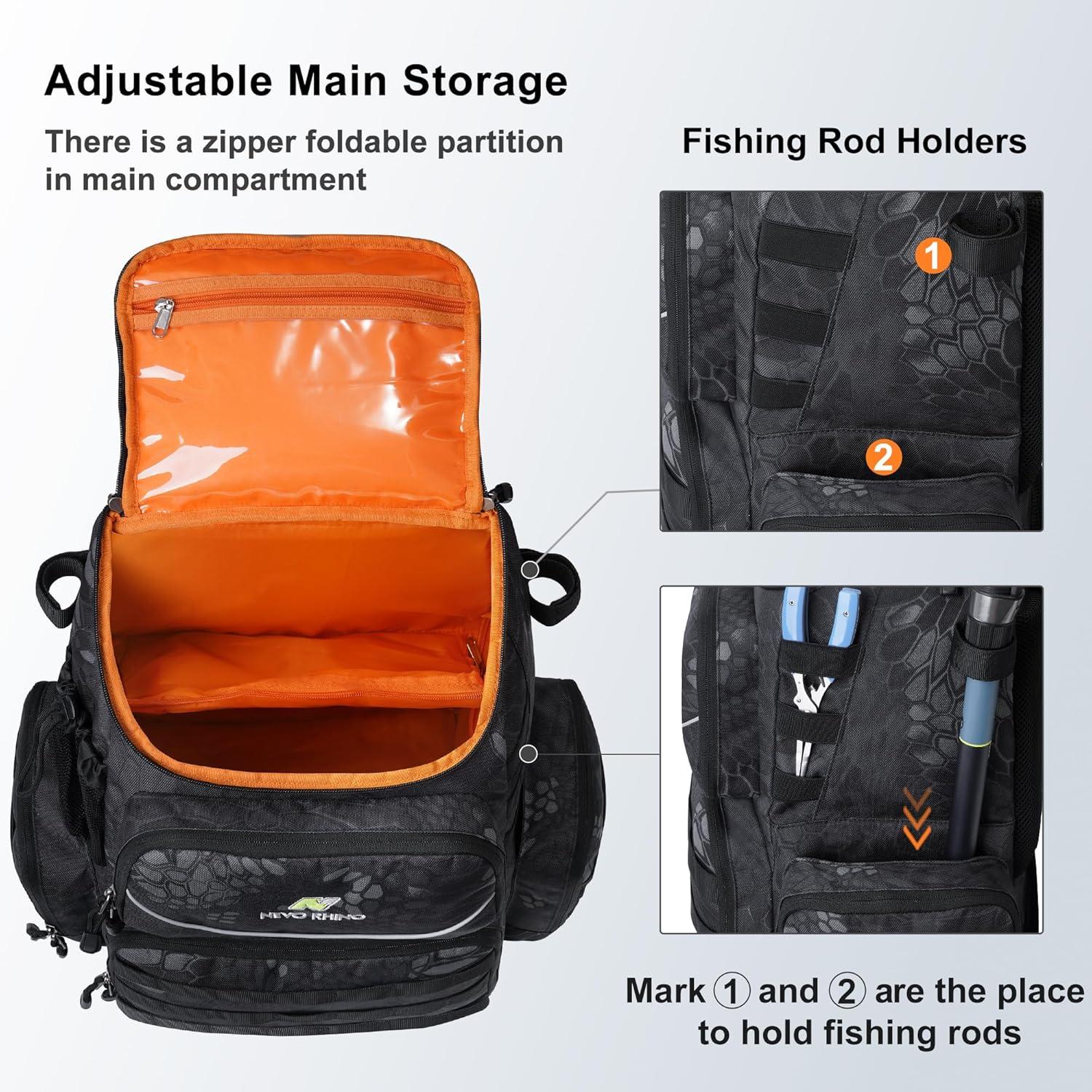 imageN NEVO RHINO Fishing Tackle Backpack with Rod Holders 40L Large Fishing Bag with Waterproof Rain CoverOutdoor Tackle BagCamouflage Black Pack with 4 Trays
