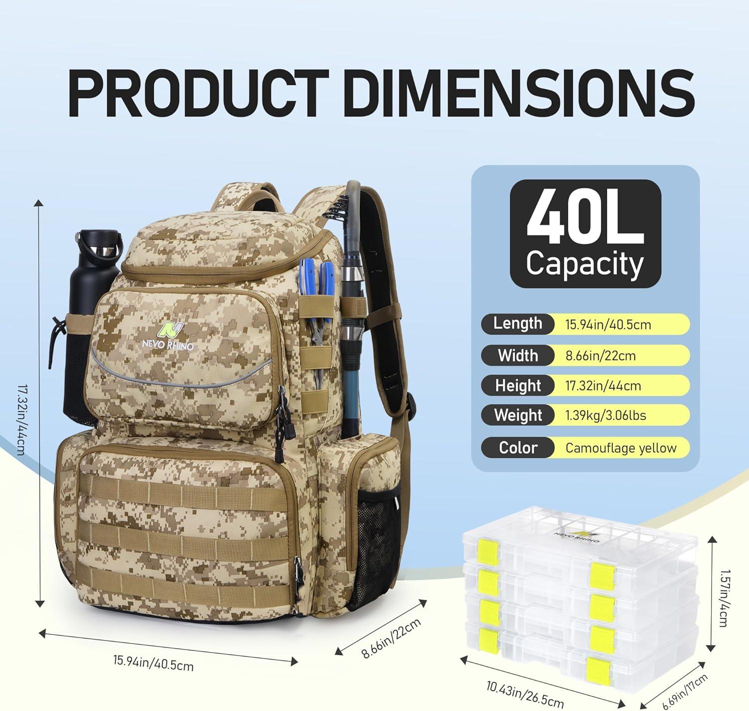 imageN NEVO RHINO Fishing Tackle Backpack with Rod Holders 40L Large Fishing Bag with Waterproof Rain CoverOutdoor Tackle BagCamouflage Yellow Pack with 4 Trays