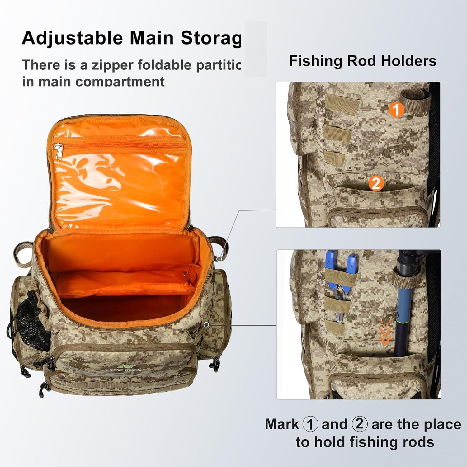 imageN NEVO RHINO Fishing Tackle Backpack with Rod Holders 40L Large Fishing Bag with Waterproof Rain CoverOutdoor Tackle BagCamouflage Yellow Pack with 4 Trays