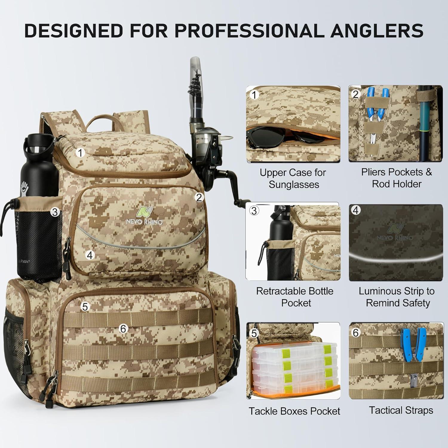 imageN NEVO RHINO Fishing Tackle Backpack with Rod Holders 40L Large Fishing Bag with Waterproof Rain CoverOutdoor Tackle BagCamouflage Yellow Pack with 4 Trays