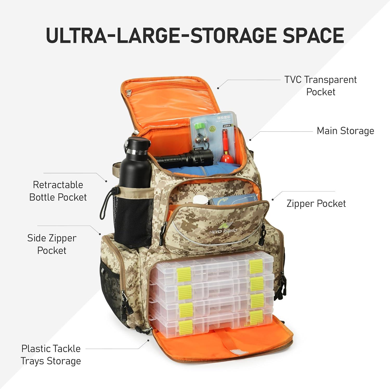 imageN NEVO RHINO Fishing Tackle Backpack with Rod Holders 40L Large Fishing Bag with Waterproof Rain CoverOutdoor Tackle BagCamouflage Yellow Pack with 4 Trays