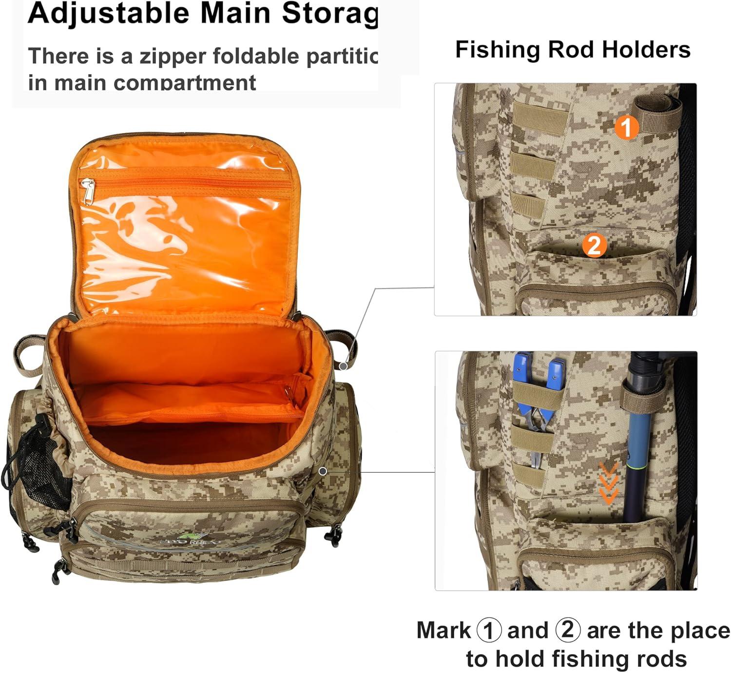 imageN NEVO RHINO Fishing Tackle Backpack with Rod Holders 40L Large Fishing Bag with Waterproof Rain CoverOutdoor Tackle BagCamouflage Yellow Pack without 4 Trays