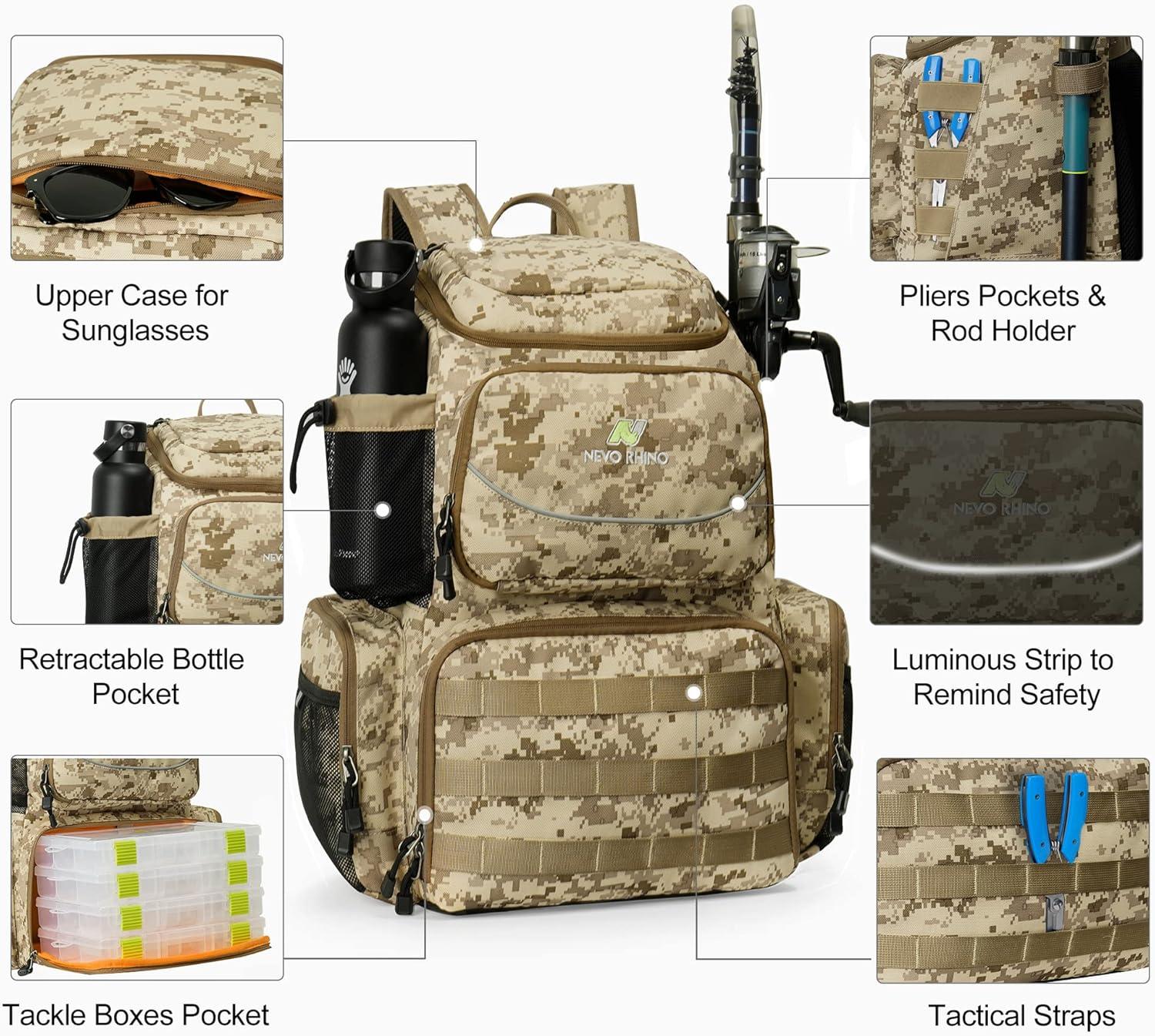 imageN NEVO RHINO Fishing Tackle Backpack with Rod Holders 40L Large Fishing Bag with Waterproof Rain CoverOutdoor Tackle BagCamouflage Yellow Pack without 4 Trays