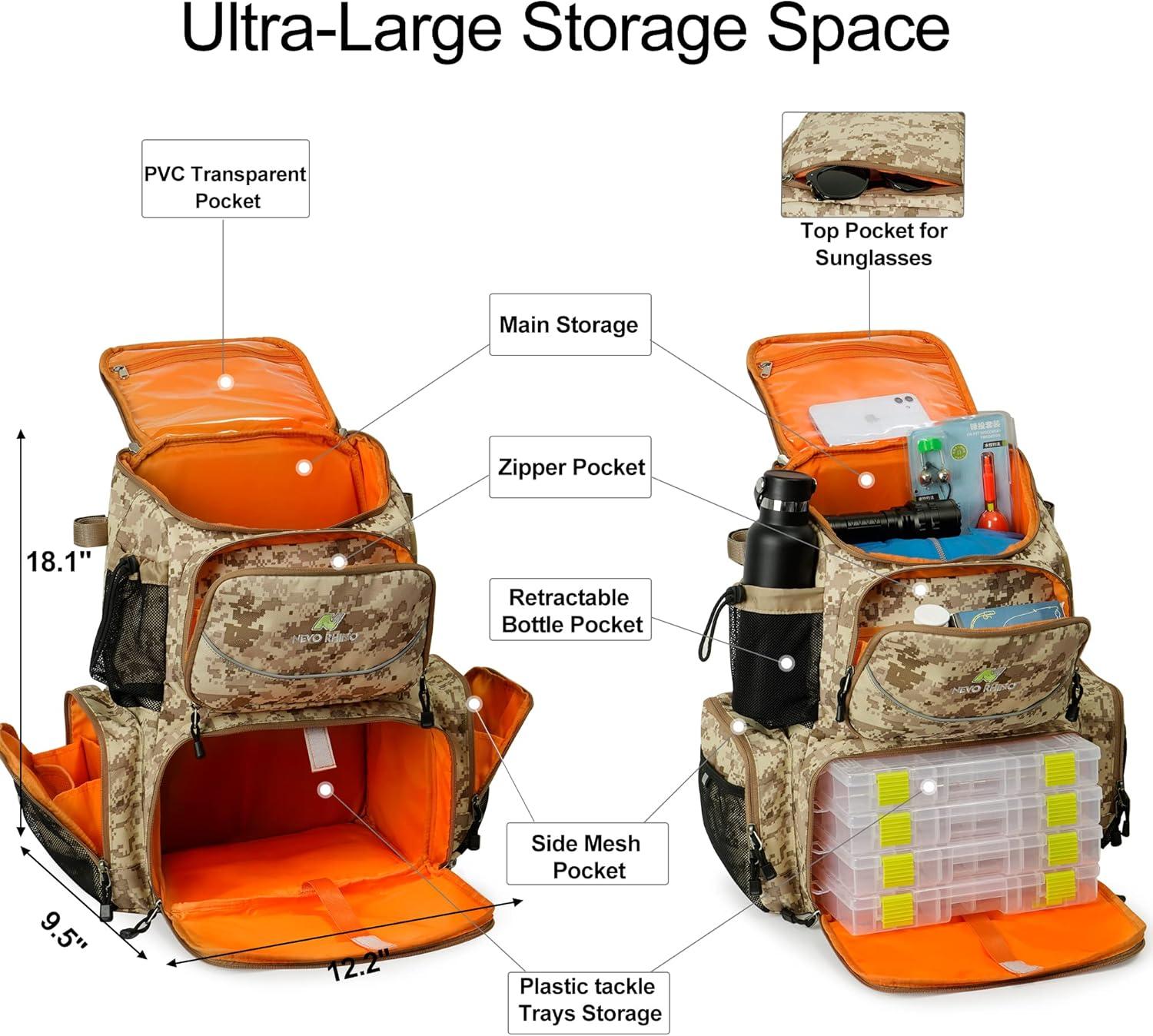 imageN NEVO RHINO Fishing Tackle Backpack with Rod Holders 40L Large Fishing Bag with Waterproof Rain CoverOutdoor Tackle BagCamouflage Yellow Pack without 4 Trays