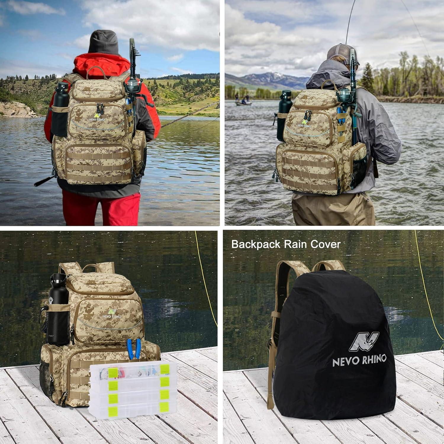 imageN NEVO RHINO Fishing Tackle Backpack with Rod Holders 40L Large Fishing Bag with Waterproof Rain CoverOutdoor Tackle BagCamouflage Yellow Pack without 4 Trays