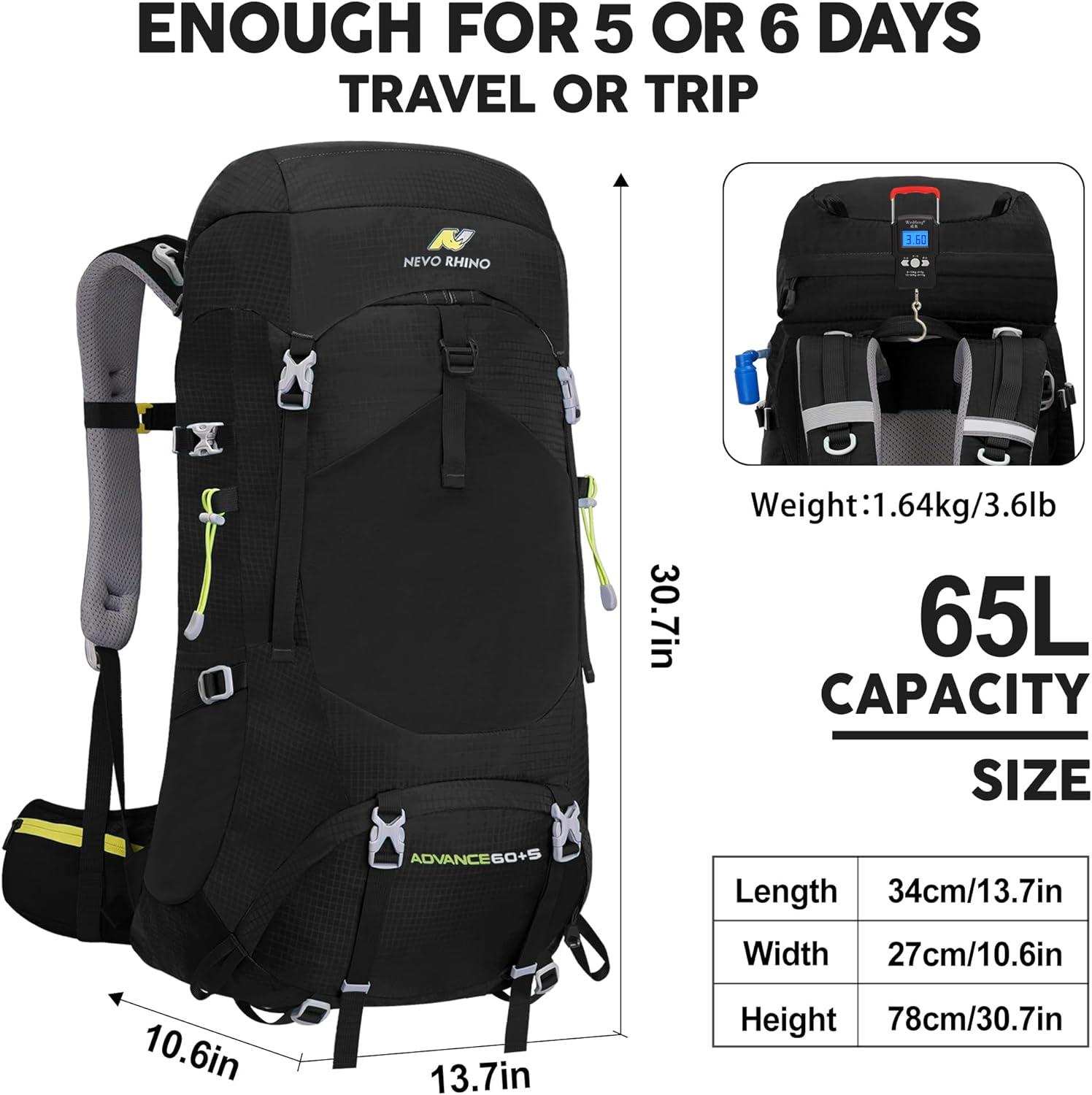 imageN NEVO RHINO Internal Frame Hiking Backpack 5060657080L Mountain Climbing Camping Backpack Daypack Waterproof Rain Cover10 Black