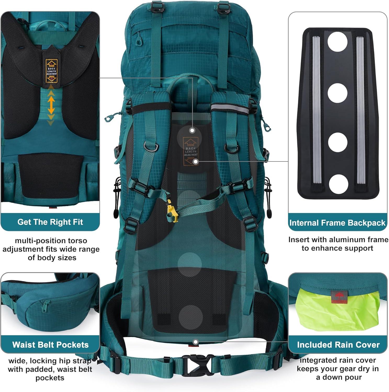 imageN NEVO RHINO Internal Frame Hiking Backpack 5060657080L Mountain Climbing Camping Backpack Daypack Waterproof Rain Cover15 Green