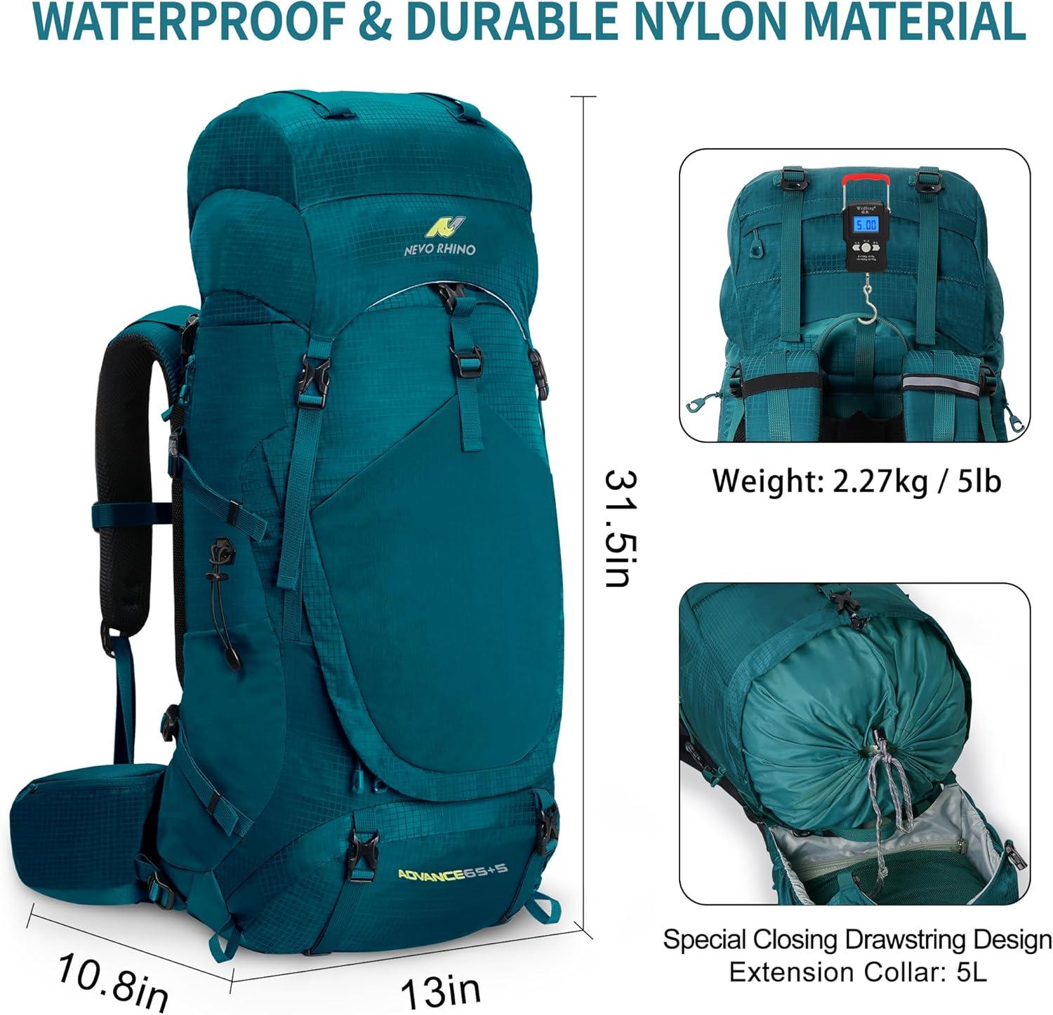 imageN NEVO RHINO Internal Frame Hiking Backpack 5060657080L Mountain Climbing Camping Backpack Daypack Waterproof Rain Cover15 Green