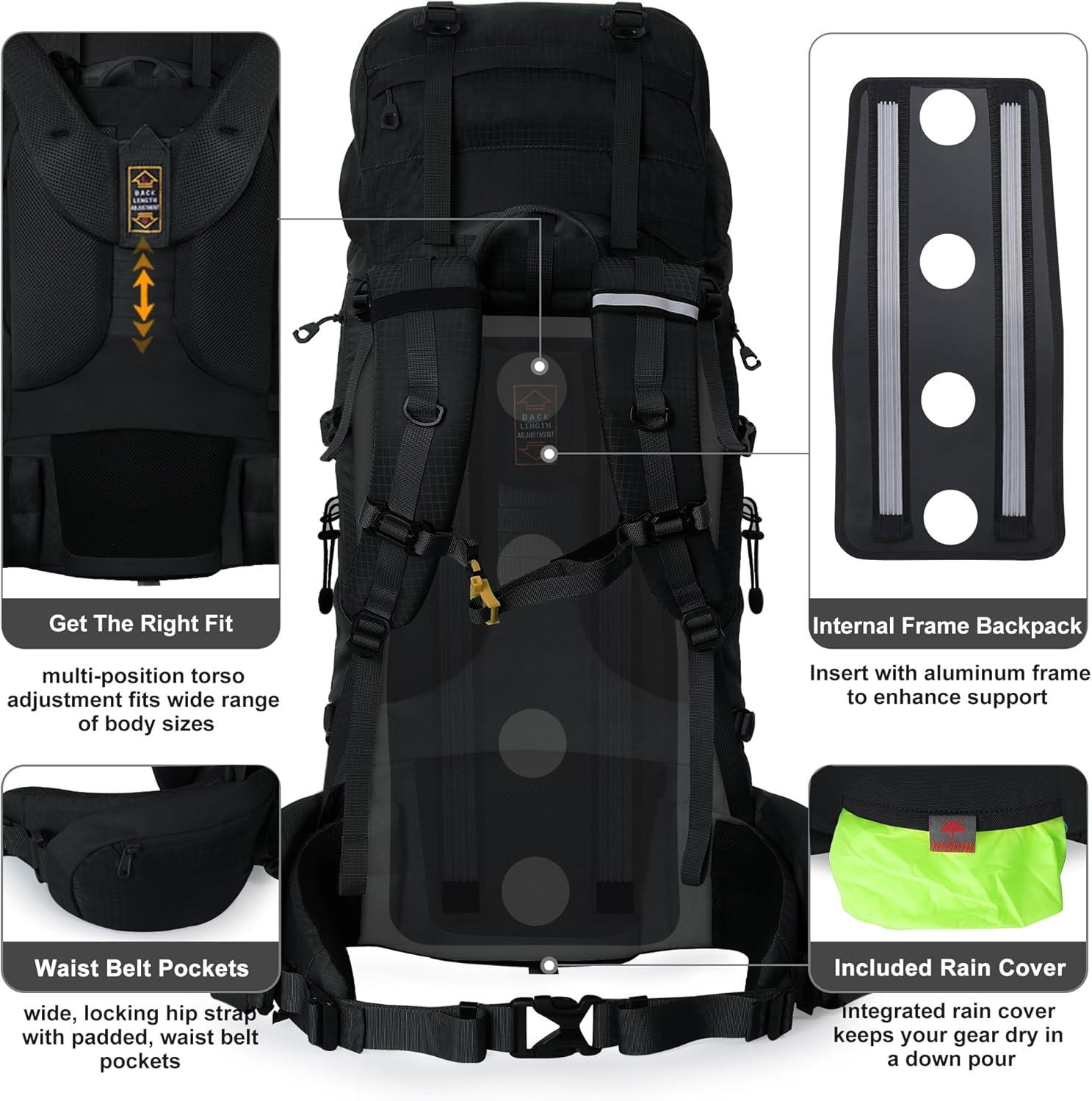 imageN NEVO RHINO Internal Frame Hiking Backpack 5060657080L Mountain Climbing Camping Backpack Daypack Waterproof Rain Cover21 Black