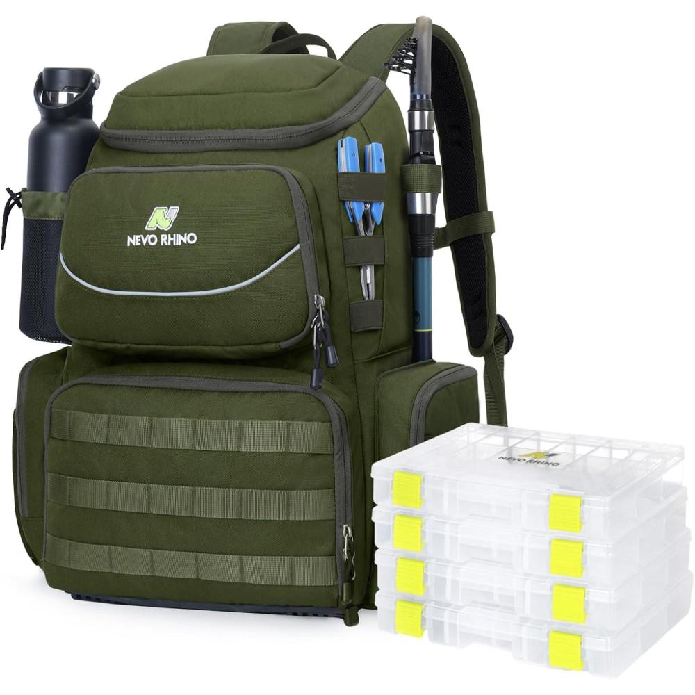 imageN NEVO RHINO Fishing Tackle Backpack with Rod Holders 40L Large Fishing Bag with Waterproof Rain CoverOutdoor Tackle BagArmy Green Pack with 4 Trays