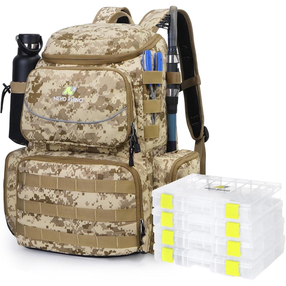 imageN NEVO RHINO Fishing Tackle Backpack with Rod Holders 40L Large Fishing Bag with Waterproof Rain CoverOutdoor Tackle BagCamouflage Yellow Pack with 4 Trays