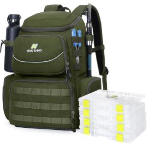 imageN NEVO RHINO Fishing Tackle Backpack with Rod Holders 40L Large Fishing Bag with Waterproof Rain CoverOutdoor Tackle BagArmy Green Pack with 4 Trays
