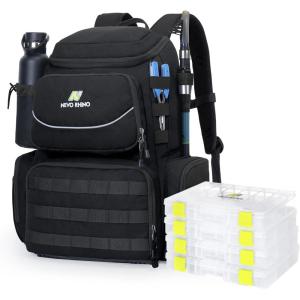 imageN NEVO RHINO Fishing Tackle Backpack with Rod Holders 40L Large Fishing Bag with Waterproof Rain CoverOutdoor Tackle BagBlack Pack with 4 Trays