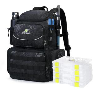 imageN NEVO RHINO Fishing Tackle Backpack with Rod Holders 40L Large Fishing Bag with Waterproof Rain CoverOutdoor Tackle BagCamouflage Black Pack with 4 Trays