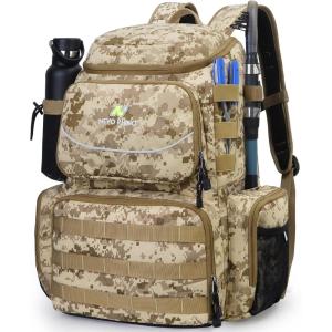 imageN NEVO RHINO Fishing Tackle Backpack with Rod Holders 40L Large Fishing Bag with Waterproof Rain CoverOutdoor Tackle BagCamouflage Yellow Pack without 4 Trays